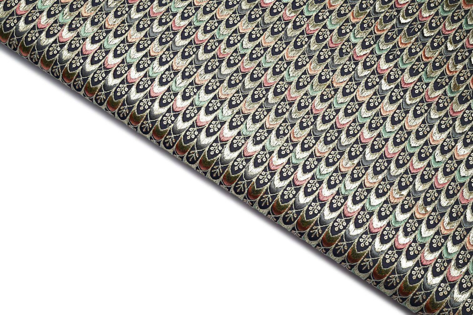 HAWKES BLUE COLOR WISCOSS CHINON SEQUANCE & MONOCHROM THREAD CHAIN STITCH WITH DIGITAL PRINT FLORAL MOTIVE EMBROIDERED WORK FABRIC 11408