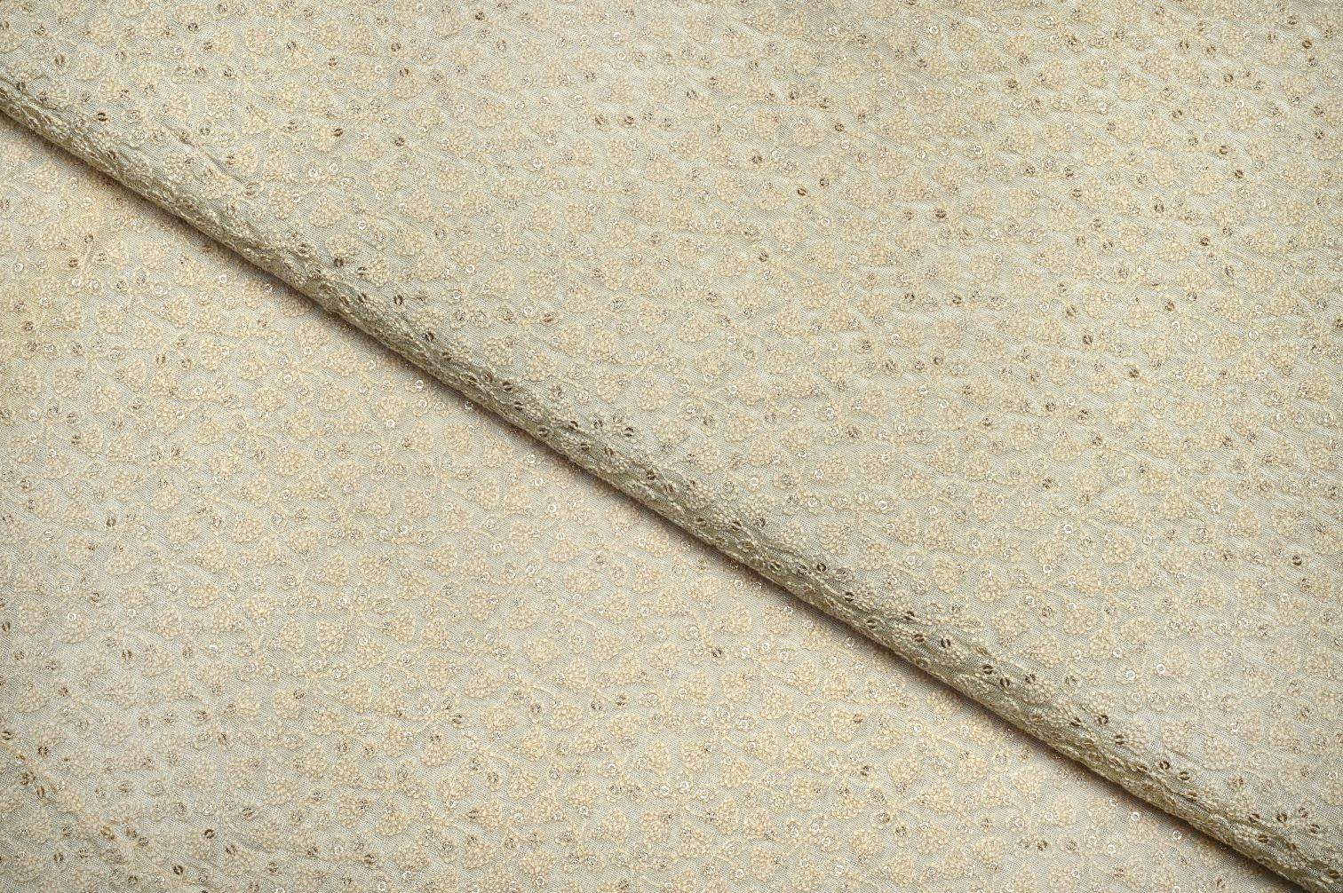 FEATHER CREAM COLOR GEORGET METALIC FOIL WITH MULTIPLE SHADES RESHAM ARROW PATTERN EMBROIDERED WORK FABRIC 10928