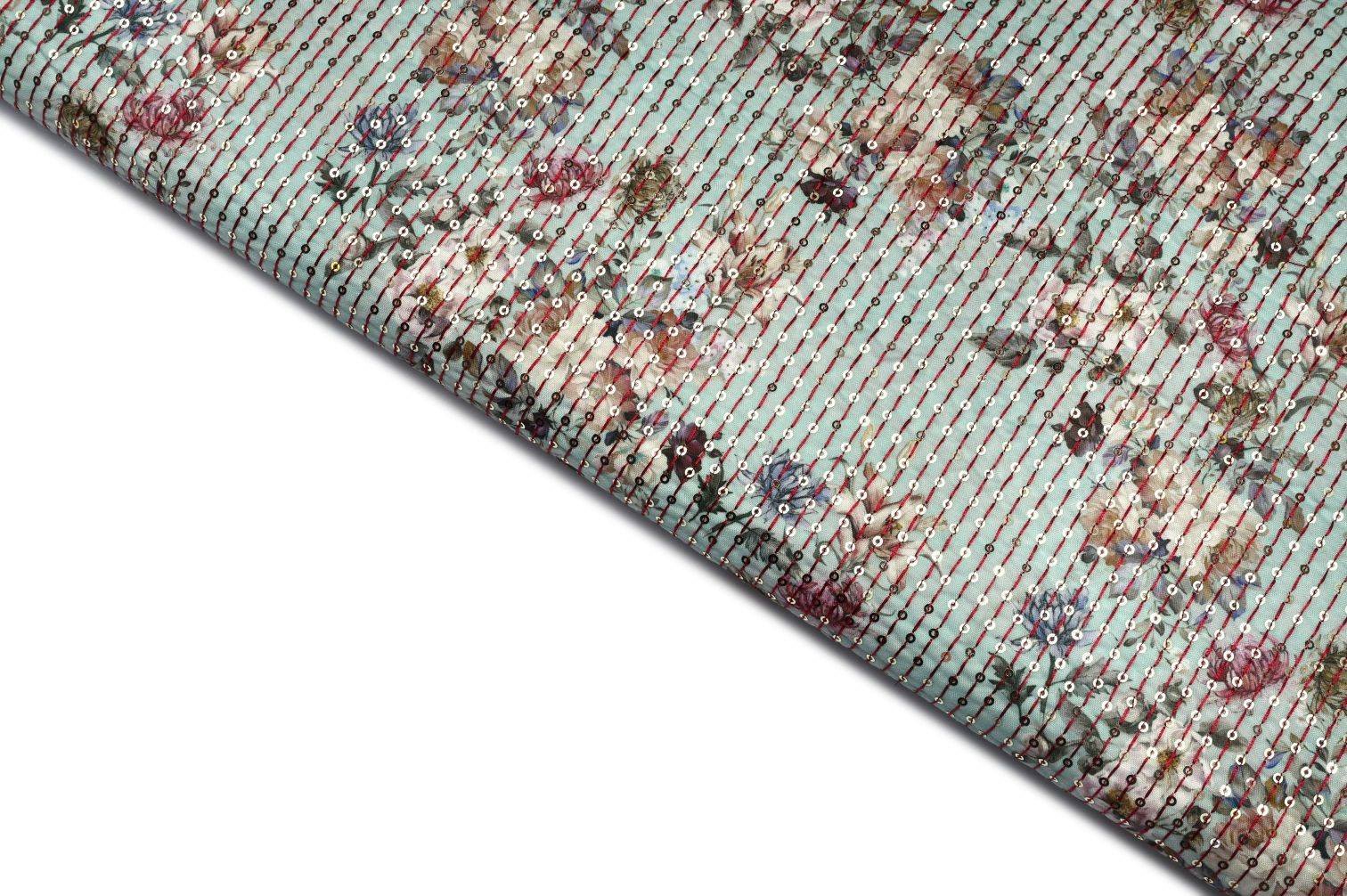 HAWKES BLUE COLOR WISCOSS CHINON SEQUANCE & MONOCHROM THREAD CHAIN STITCH WITH DIGITAL PRINT FLORAL MOTIVE EMBROIDERED WORK FABRIC 11408