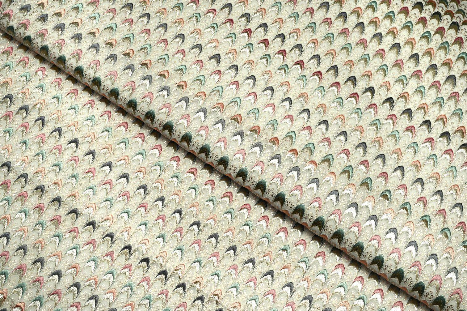 FEATHER CREAM COLOR GEORGET METALIC FOIL WITH MULTIPLE SHADES RESHAM ARROW PATTERN EMBROIDERED WORK FABRIC 10928