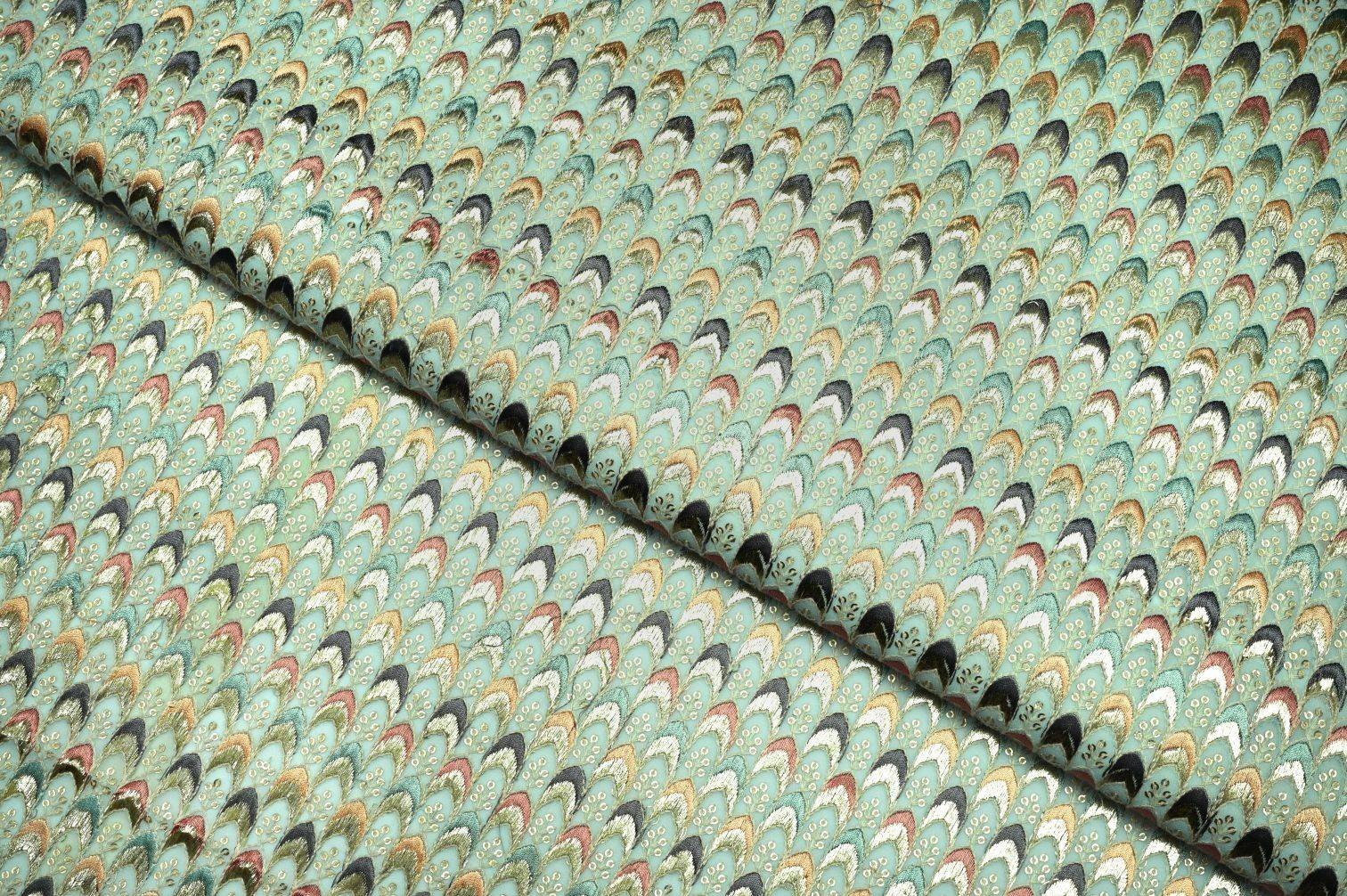 ELAICHI GREEN  COLOR WISCOSS GEORGET SQUARE LINKED CHAIN PATTERN WITH THREAD  & RAINBOW SEQUANCE EMBROIDERED WORK FABRIC  11323