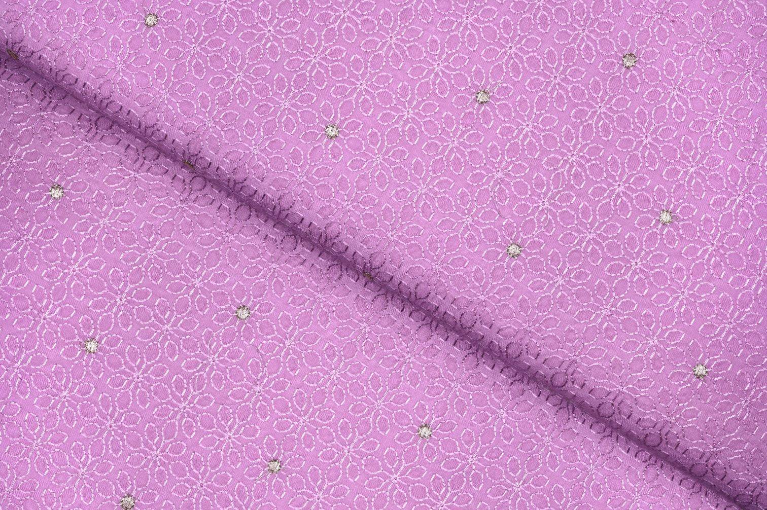 CATMINT PURPLE COLOR WISCOSS CHANDERI SILK PAISLEY FLORAL PRINT WITH THREAD AND SEQUANCE PATTERN EMBROIDERED WORK FABRIC  11301