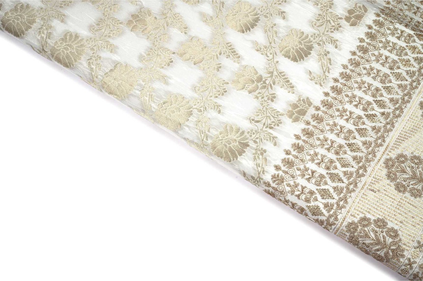 DIABLE  OFF WHITE COLOR WISCOSS GEORGET GOLD EMBOSS CRUSH WEAVE LEAF  MOTIVE PATTERN JAQARD FABRIC 10788