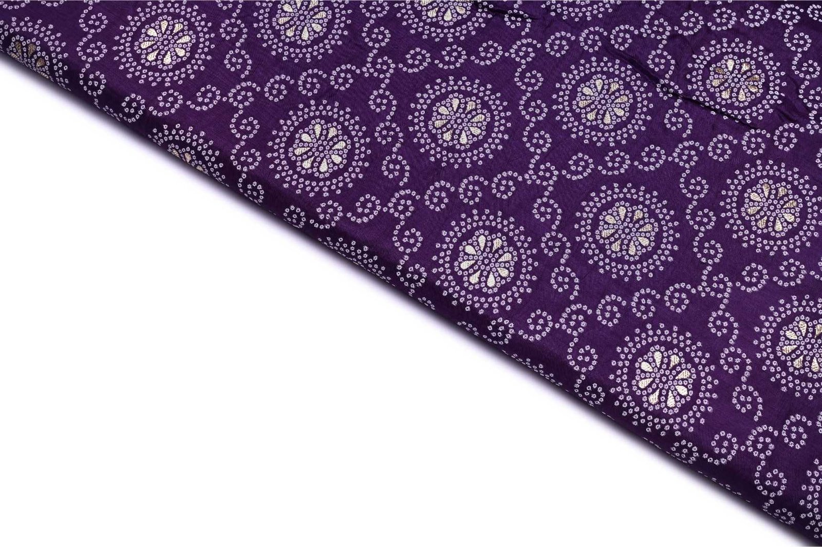ENINENCE PURPLE COLOR WISCOSS DOLA SILK WHITE AND GOLD BANDHNI WEAVE FABRIC 11725