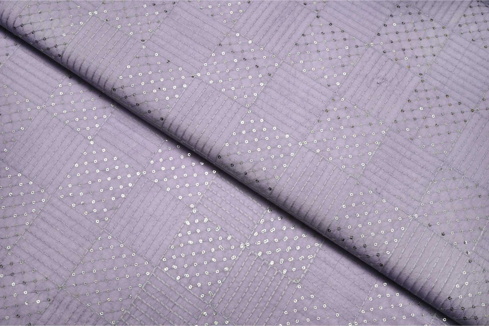 SHARK GREY COLOR WISCOSS GEORGET SQUARE LINKED CHAIN PATTERN WITH THREAD  & RAINBOW SEQUANCE EMBROIDERED WORK FABRIC 11325