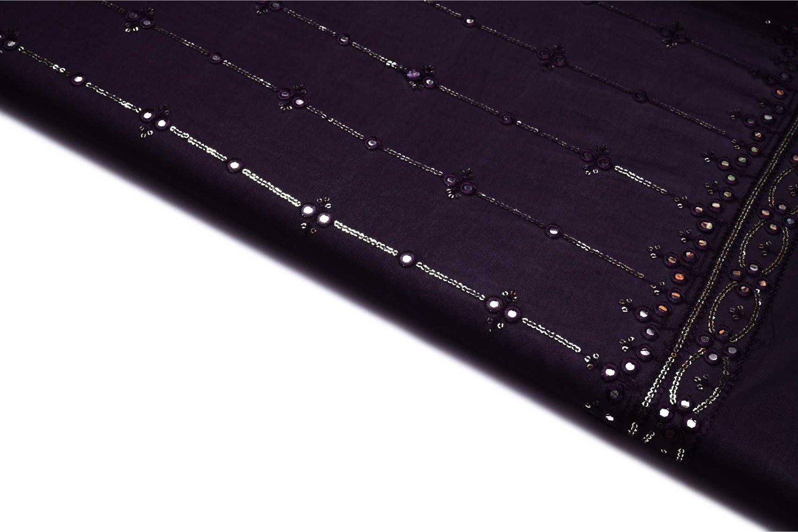 DEEP EIGENGRAU WINE COLOR WISCOSS GEORGET SEQUANCE & MIRROR LINES WITH HEAVY BORDER PATTERN EMBROIDERY WORK FABRIC 11191