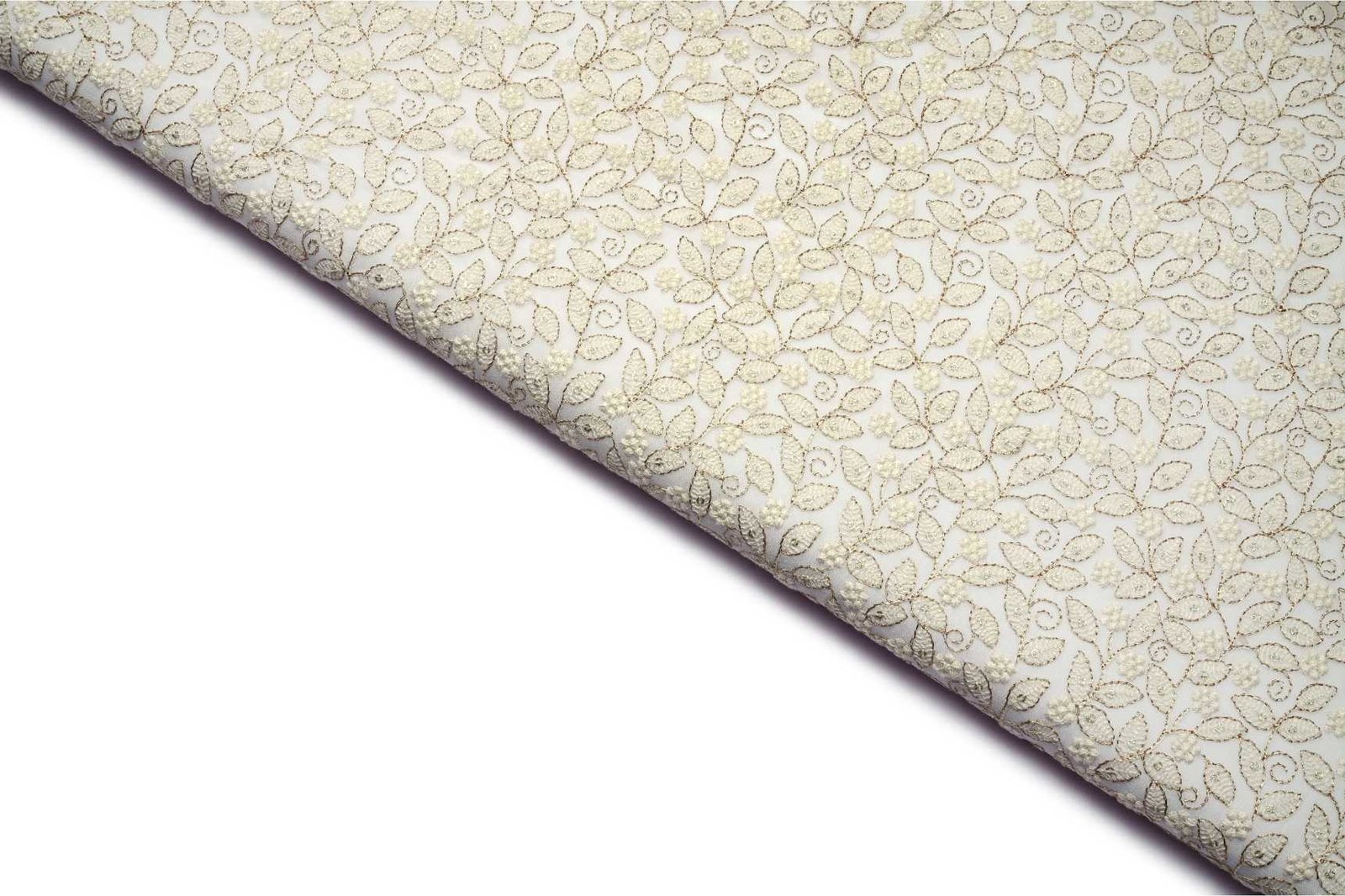 DIABLE  OFF WHITE COLOR WISCOSS GEORGET GOLD EMBOSS CRUSH WEAVE LEAF  MOTIVE PATTERN JAQARD FABRIC 10788