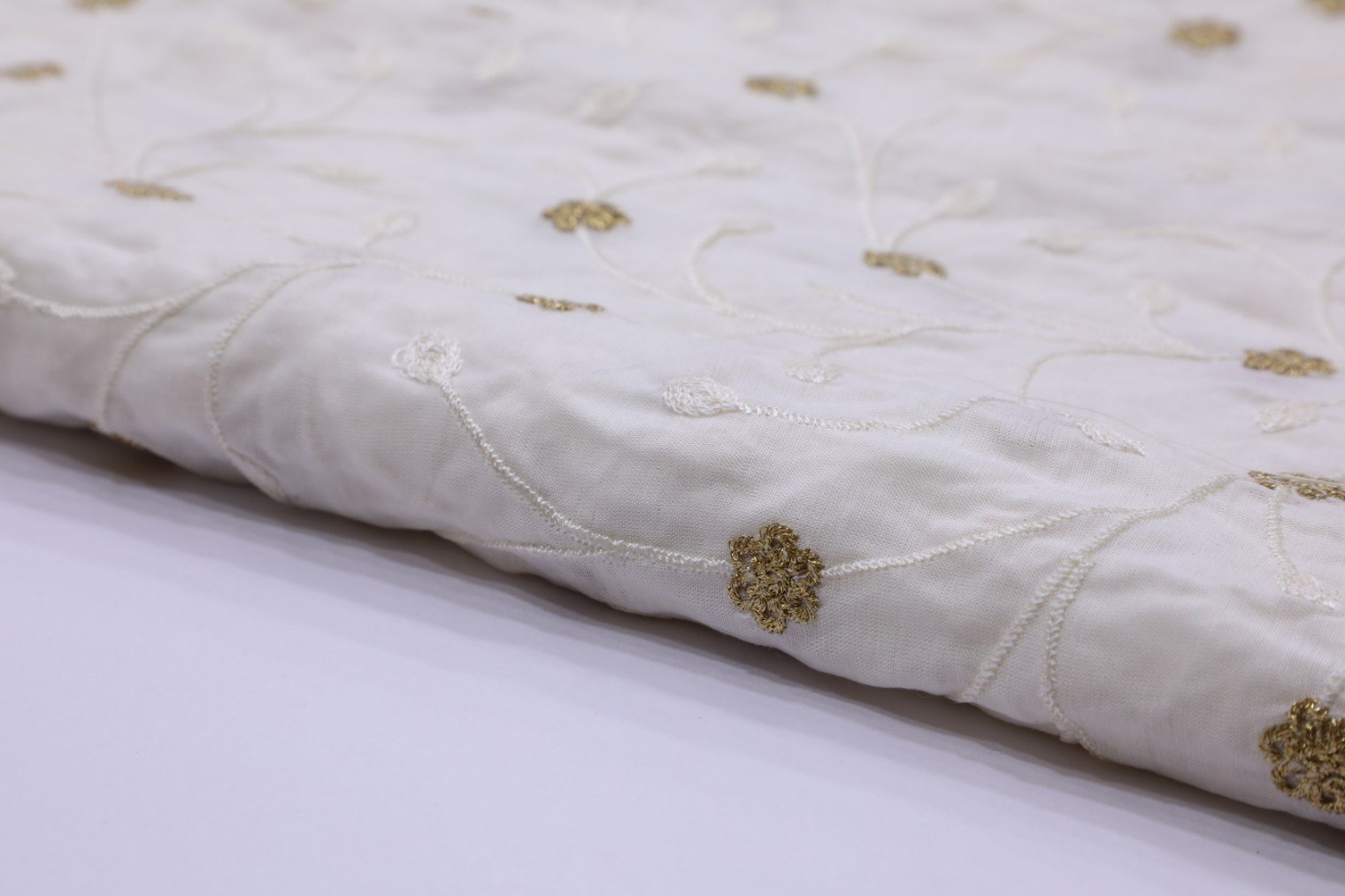 DIABLE WHITE COLOR MODAL SILK ALLOVER SEQUENCE & THREAD WORK EMBROIDERY FABRIC 2437