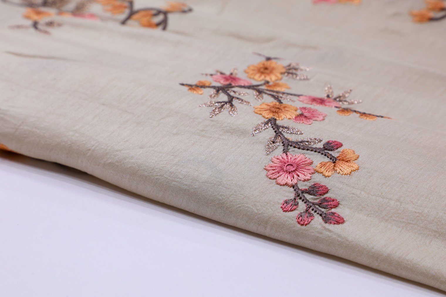 AUTUMN TUSSER BEIGE COLOR RESHAM & ZARI FLORAL MOTIF EMBROIDERY WORK FABRIC 2485