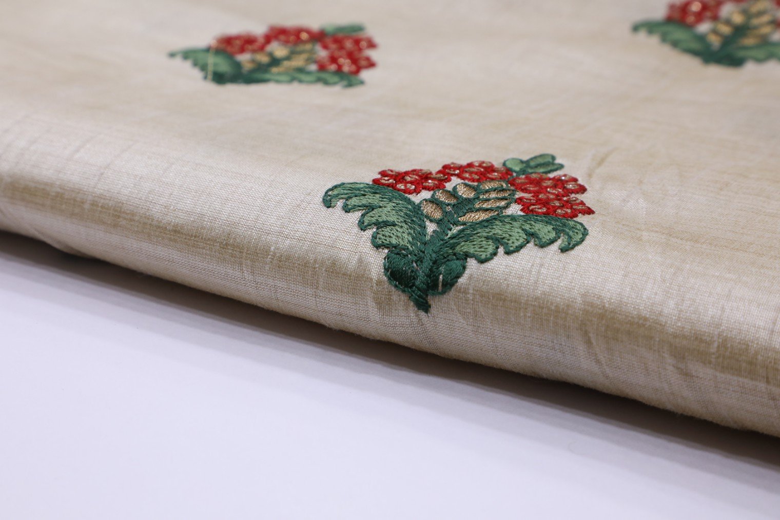 LIGHT BEIGE COLOR RED THREAD & SEQUINS MOTIF EMBROIDERY WORK FABRIC 2491