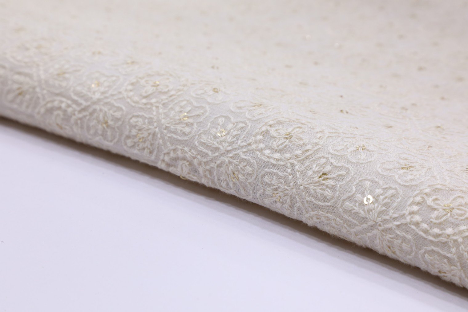 DIABLE CREAM COLOR GEORGETTE THREAD & SEQUENCE GEOMETRIC HIGH STITCH LAKHNAVI WORK FABRIC 3087