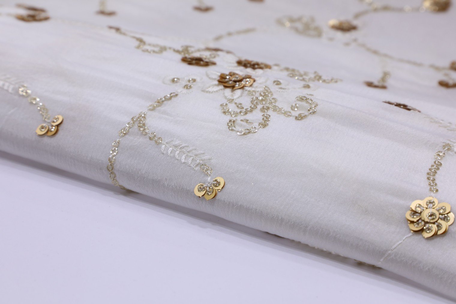 DIABLE WHITE COLOR CHINON SEQUENCE & THREAD ALLOVER EMBROIDERY WORK FABRIC 3629