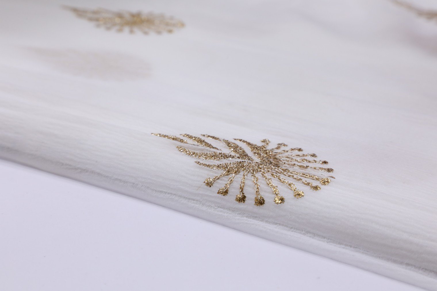 DIABLE WHITE COLOR WRINKLE SHIFFONE COPPER ZARI MOTIF WORK FABRIC 3200