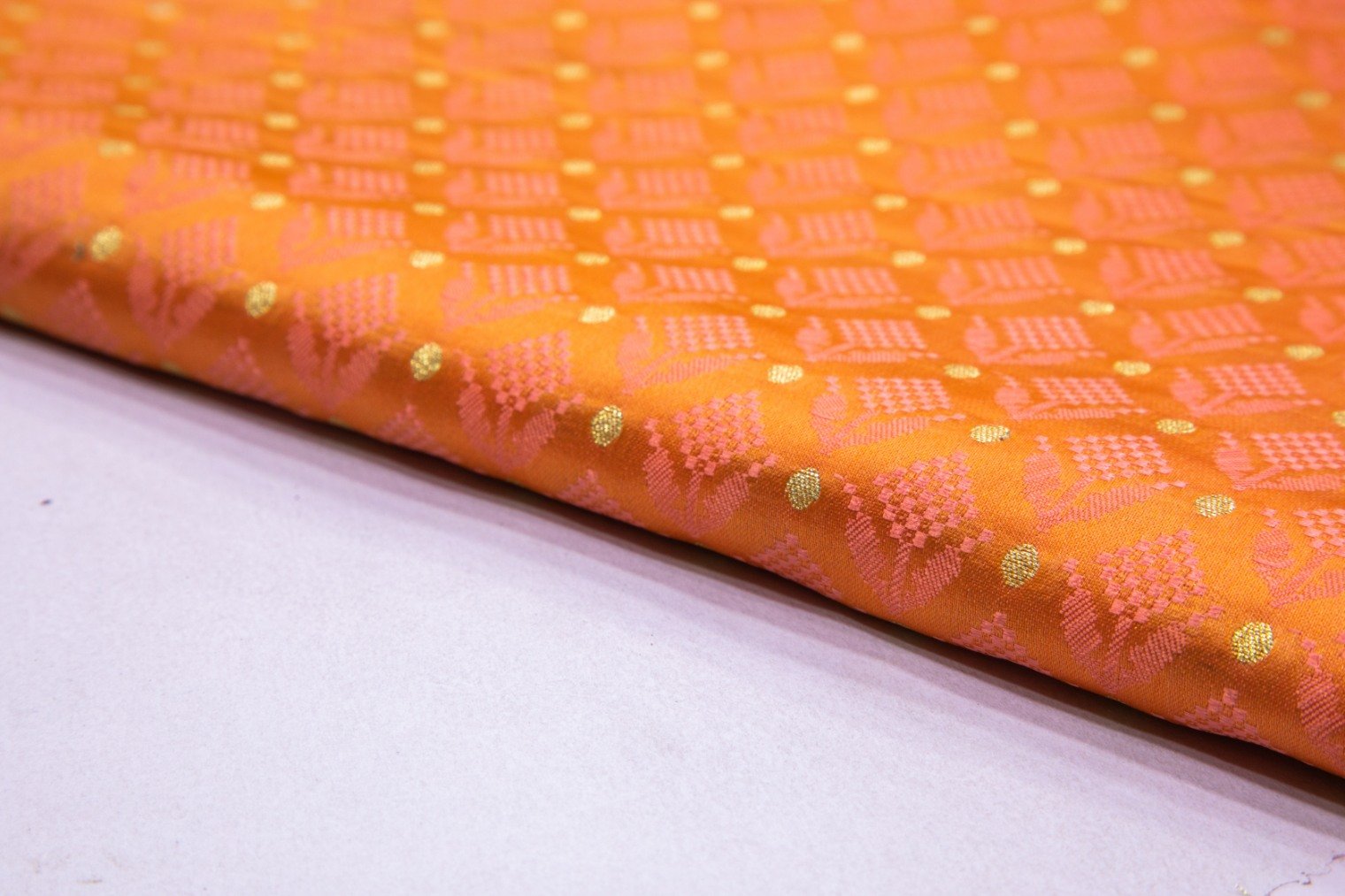 TWOTONE CORAL ORANGE COLOR SELF WEAVE GEOMETRIC PATTERN PURE SILK BROCADE FABRIC 3326