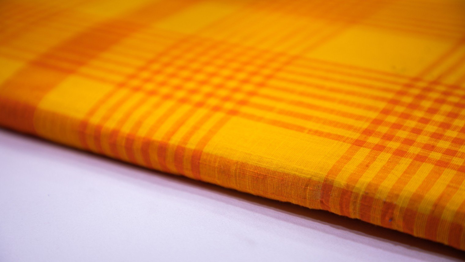 GOLDEN YELLOW COLOR SOUTH COTTON HANDLOOM &  SUN ORANGE BIG DOUBLE CHEX WEAVE FABRIC - 4243
