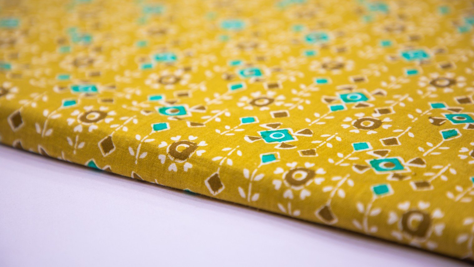 Titanium Yellow Color Cotton Flex Brown & Blue Geometric Pattern Screen Print Fabric - 5634