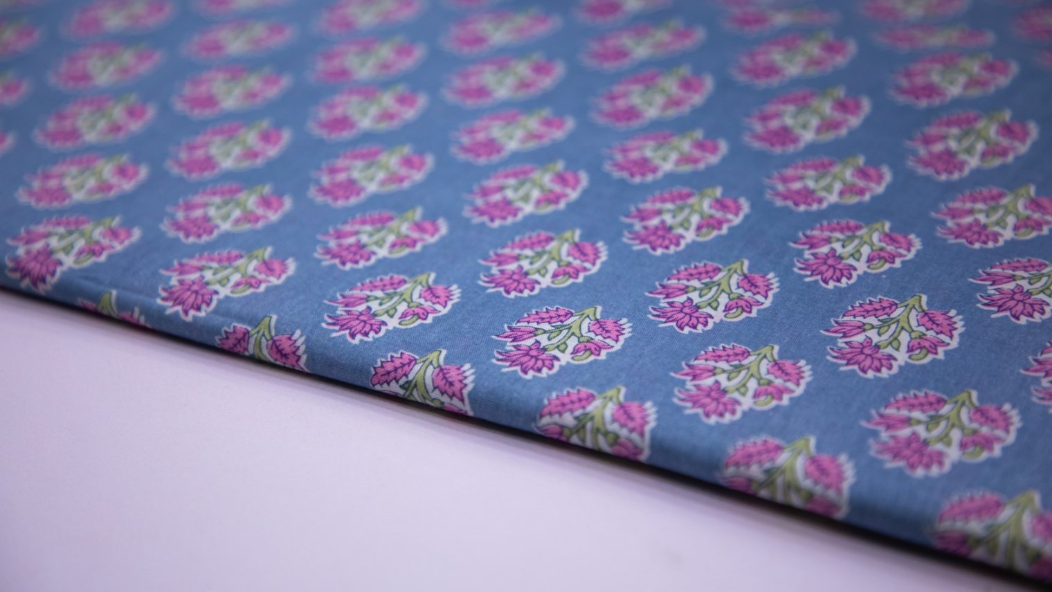 DENIM GREY COLOR COTTON SCREEN PRINT JAIPURI PINK FLORAL MOTIF FABRIC - 5690