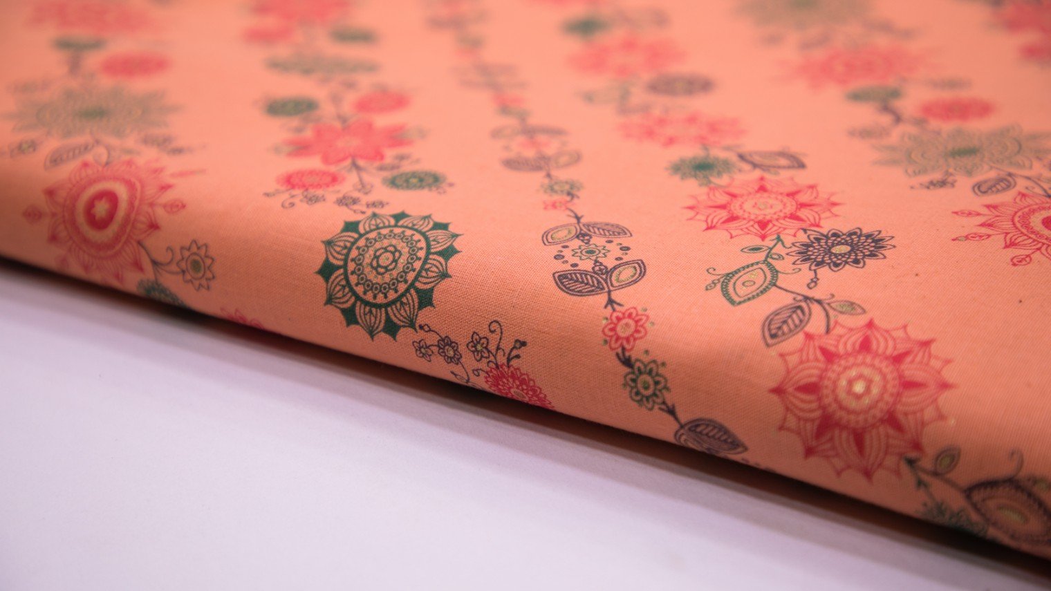 Coral Pink Color Cotton Flex Floral Leheriya Pattern Screen Print Fabric - 5806