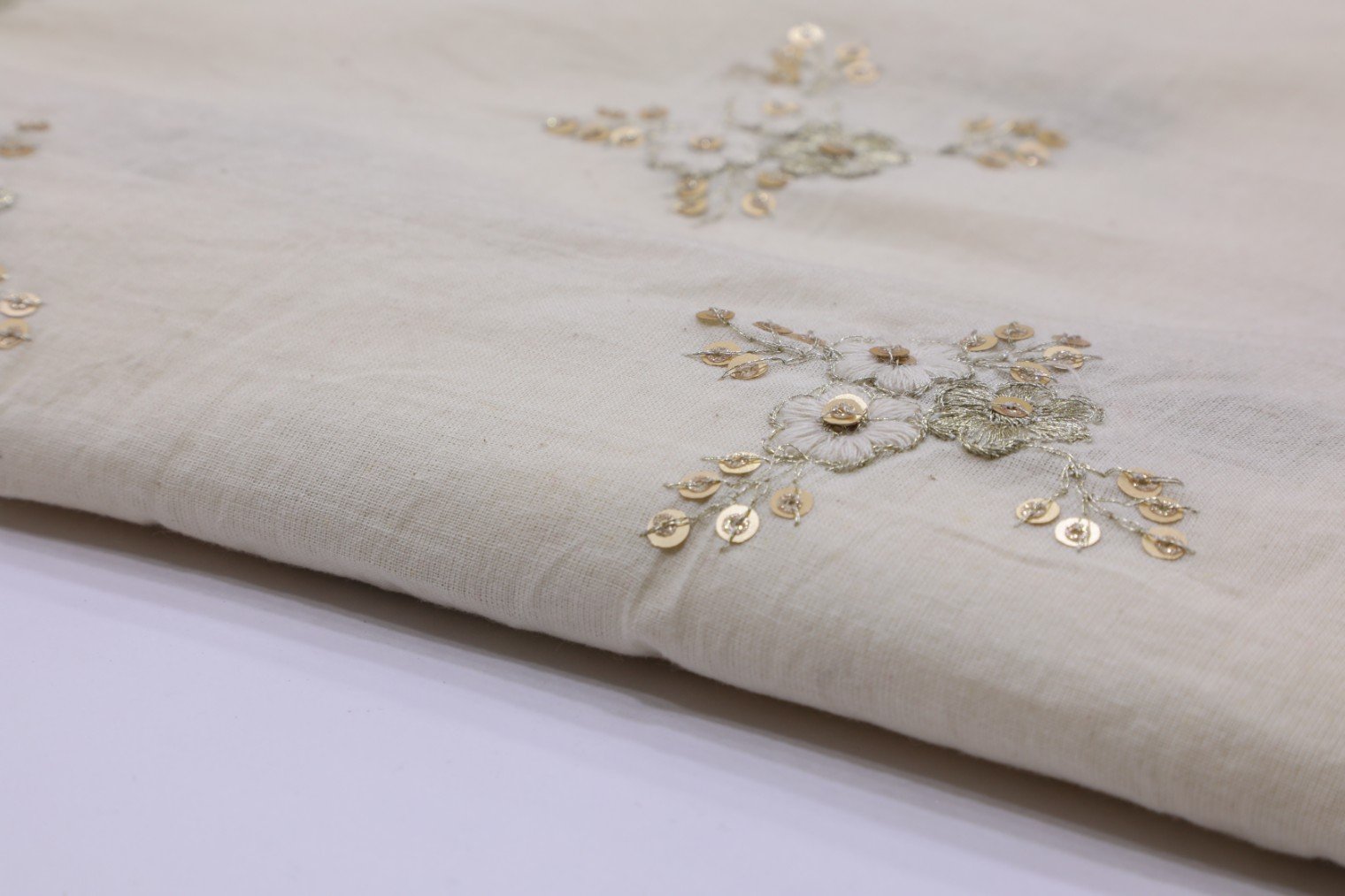 CREAM COLOR COTTON THREAD & TIKKI WORK EMBROIDERY MOTIF FABRIC 6567