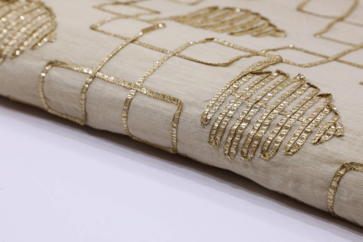 TUSSER BEIGE COLOR CHANDERI SILK ALLOVER GOTA WORK FABRIC 3687