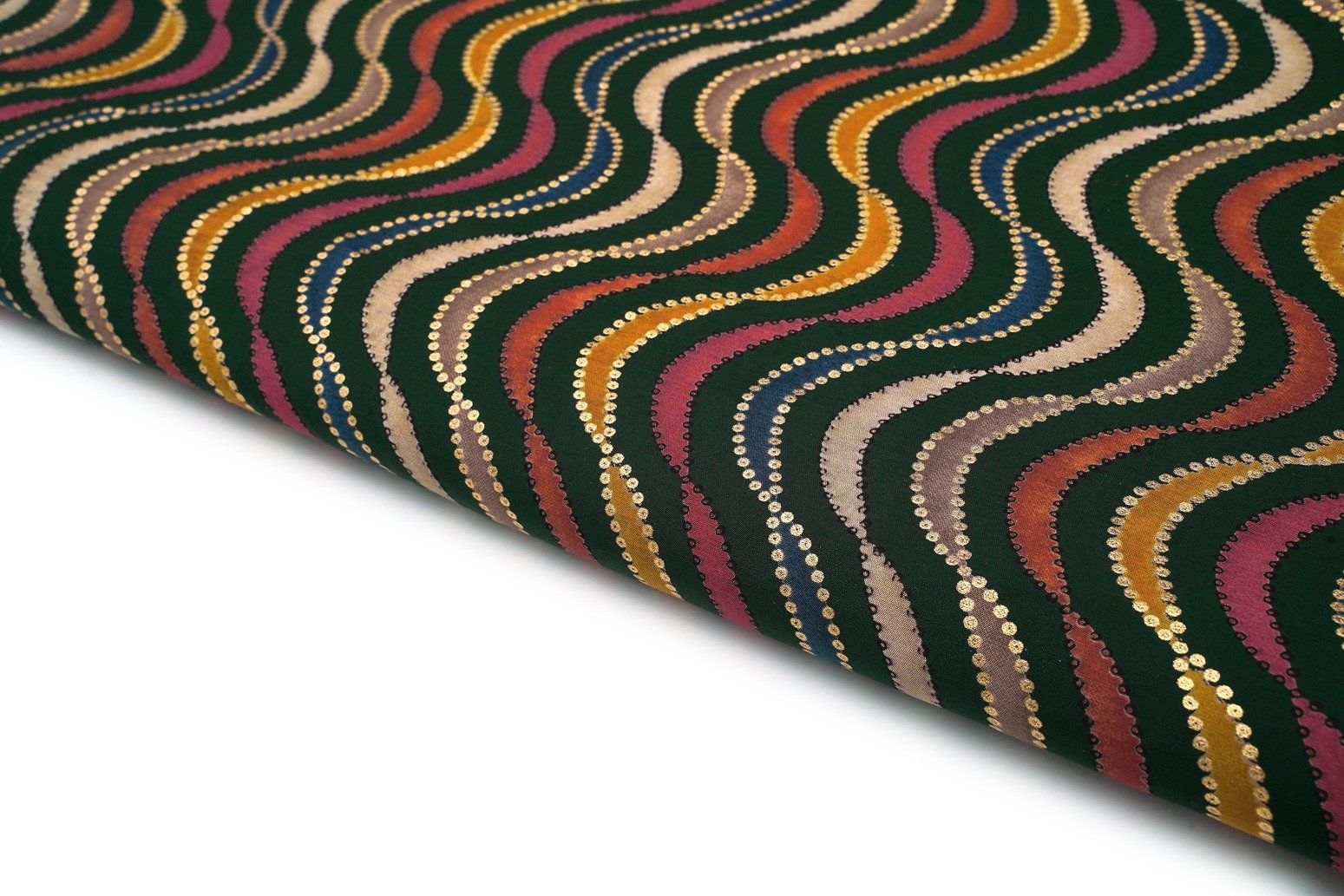 EMERALD GREEN COLOR MULTIPLE SHADES & FOIL WAVES PATTERN RAYON PRINT FABRIC - 10105