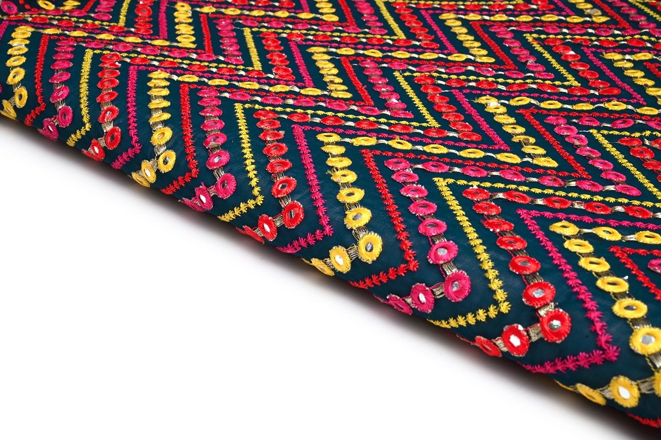 TURQOISE GREEN COLOR CHEVRON PATTERN THREAD & MIRROR GEORGETTE EMBROIDERY WORK FABRIC 10264