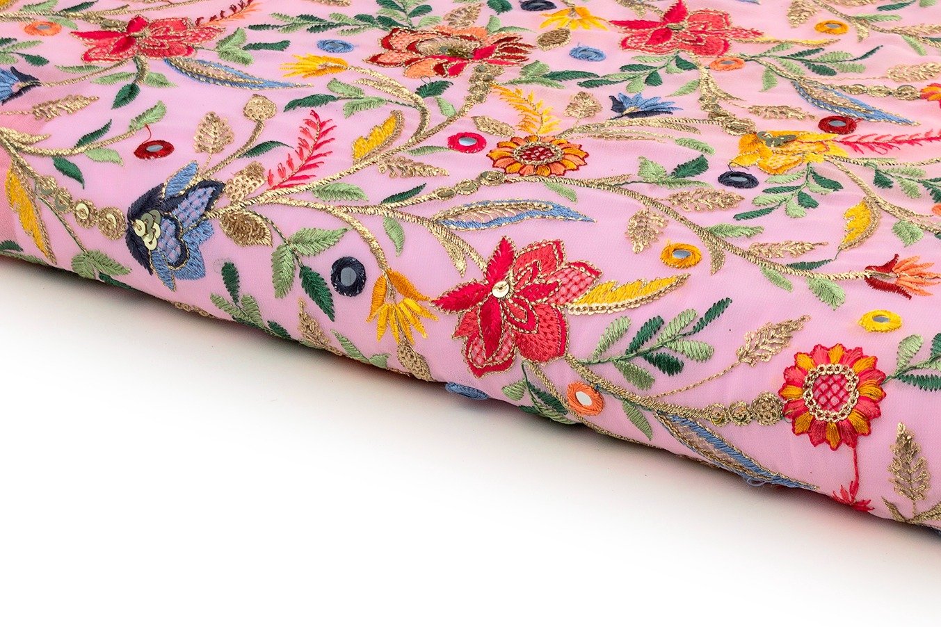 PERIWINKLE PINK COLOR GEORGETTE ALLOVER RESHAM & SEQUINS HIGH STITCH EMBOSS EMBROIDERY WORK FABRIC 10269