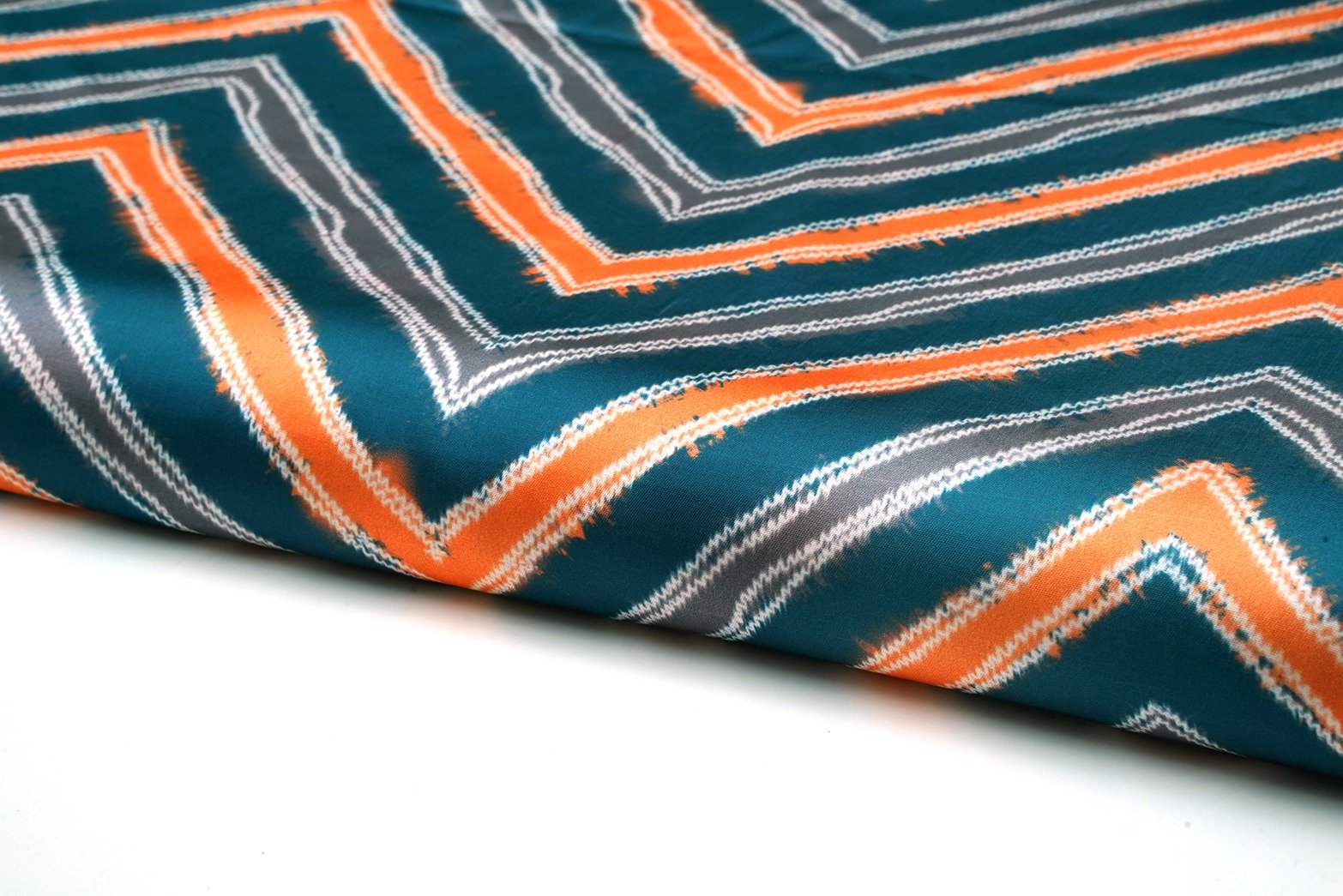 PRUSIAN GREEN COLOR GREY&ORANGE DIGITAL CHEVRON POLY MODAL SILK PRINT 10273