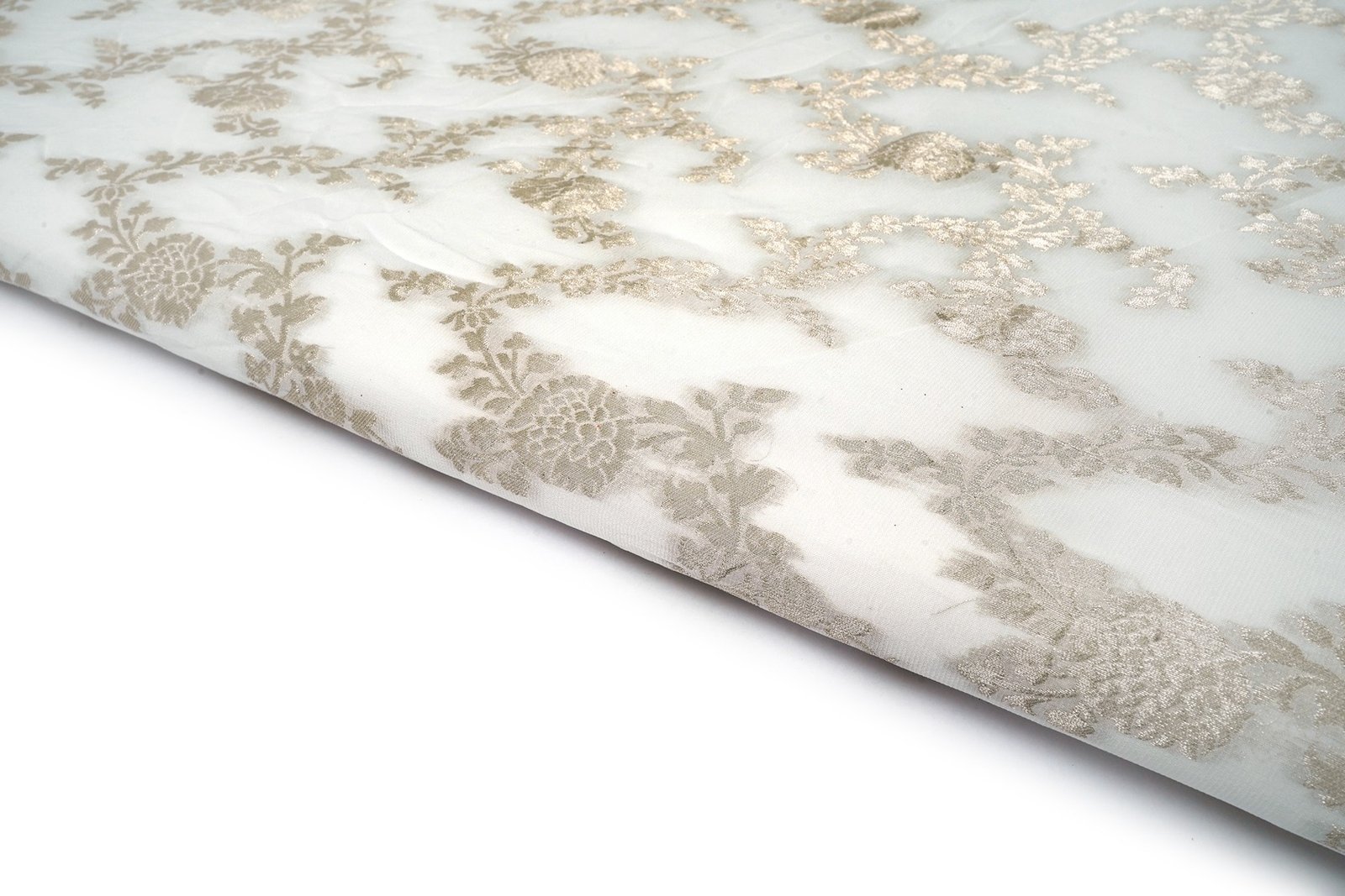 DIABLE WHITE COLOR GEORGETTE LIGHT GOLD ZARI WEAVE ALLOVER ZAAL PATTERN FABRIC 10326