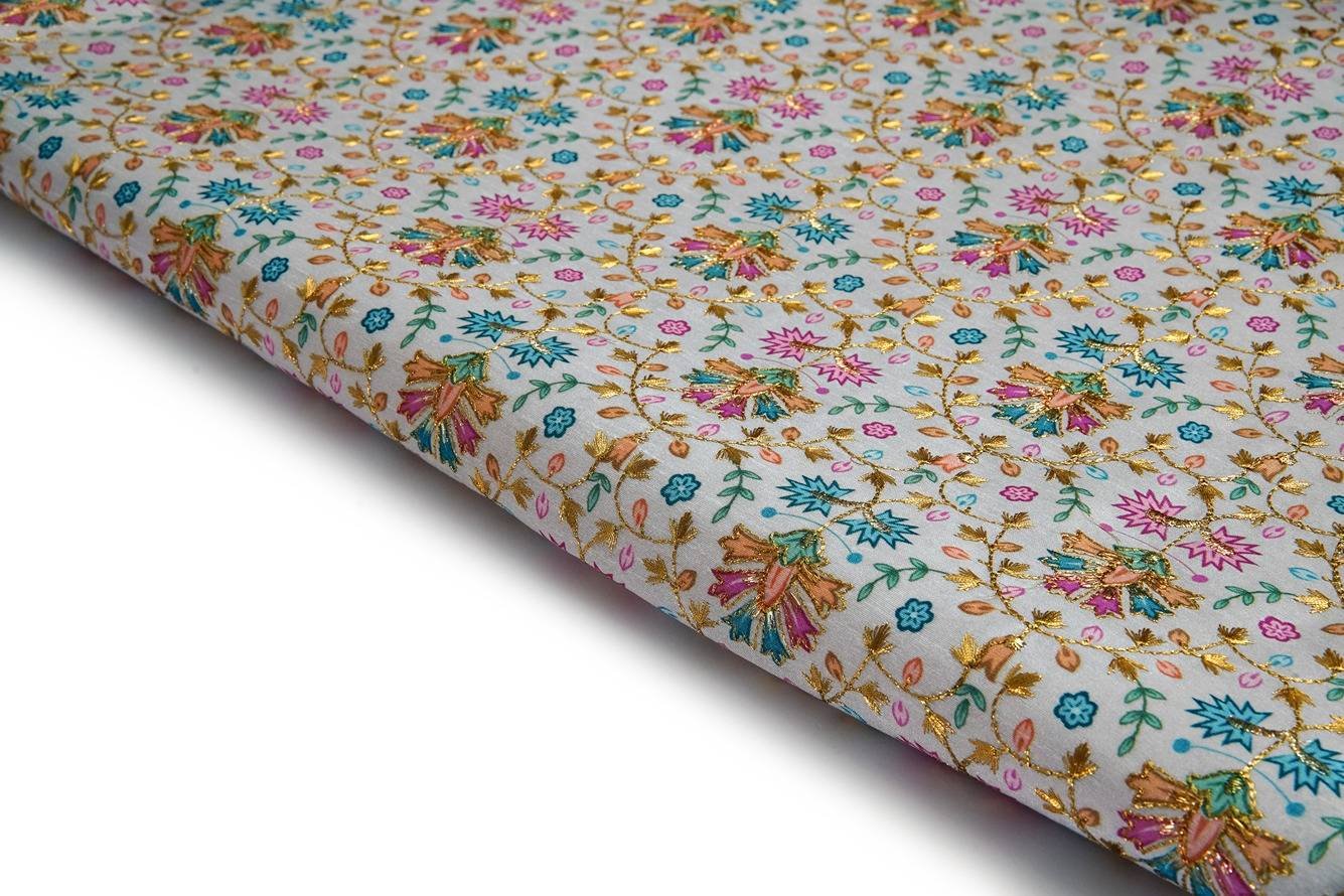 SHARK GREY COLOR DIGITAL PRINT WITHGOLD ZARI PEETA WORK FABRIC 9226