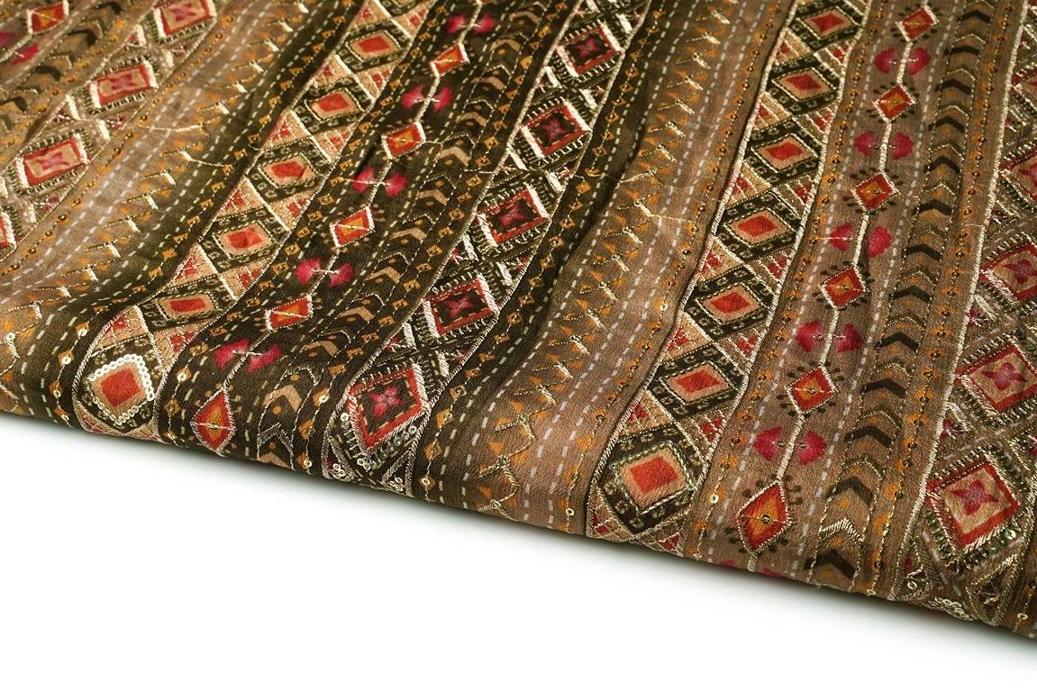 TROPICS BEIGE & OLIVE GREEN COLOR GEORGETTE VISCOSE DIGITAL GEOMETRIC PRINT WITH ZARI & SEQUENCE OUTLINER EMBROIDERY WORK FABRIC 9238