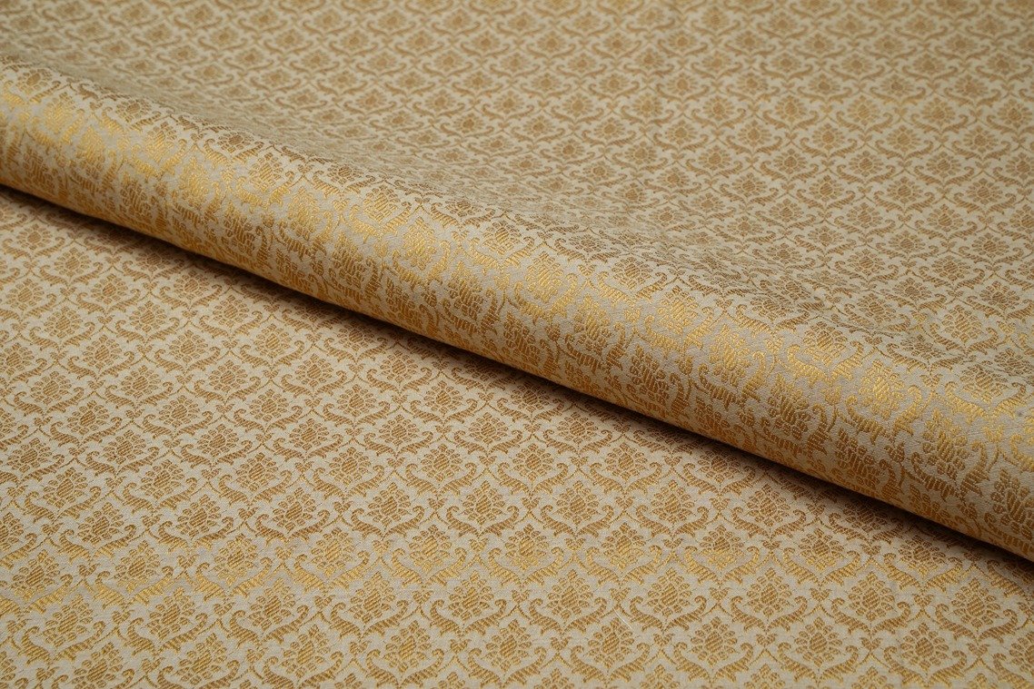 DIABLE OFFWHITE COLOR PURE MUNGA SILK  COPPER WEAVE MOTIF PATTERN BROCADE FABRIC 11219