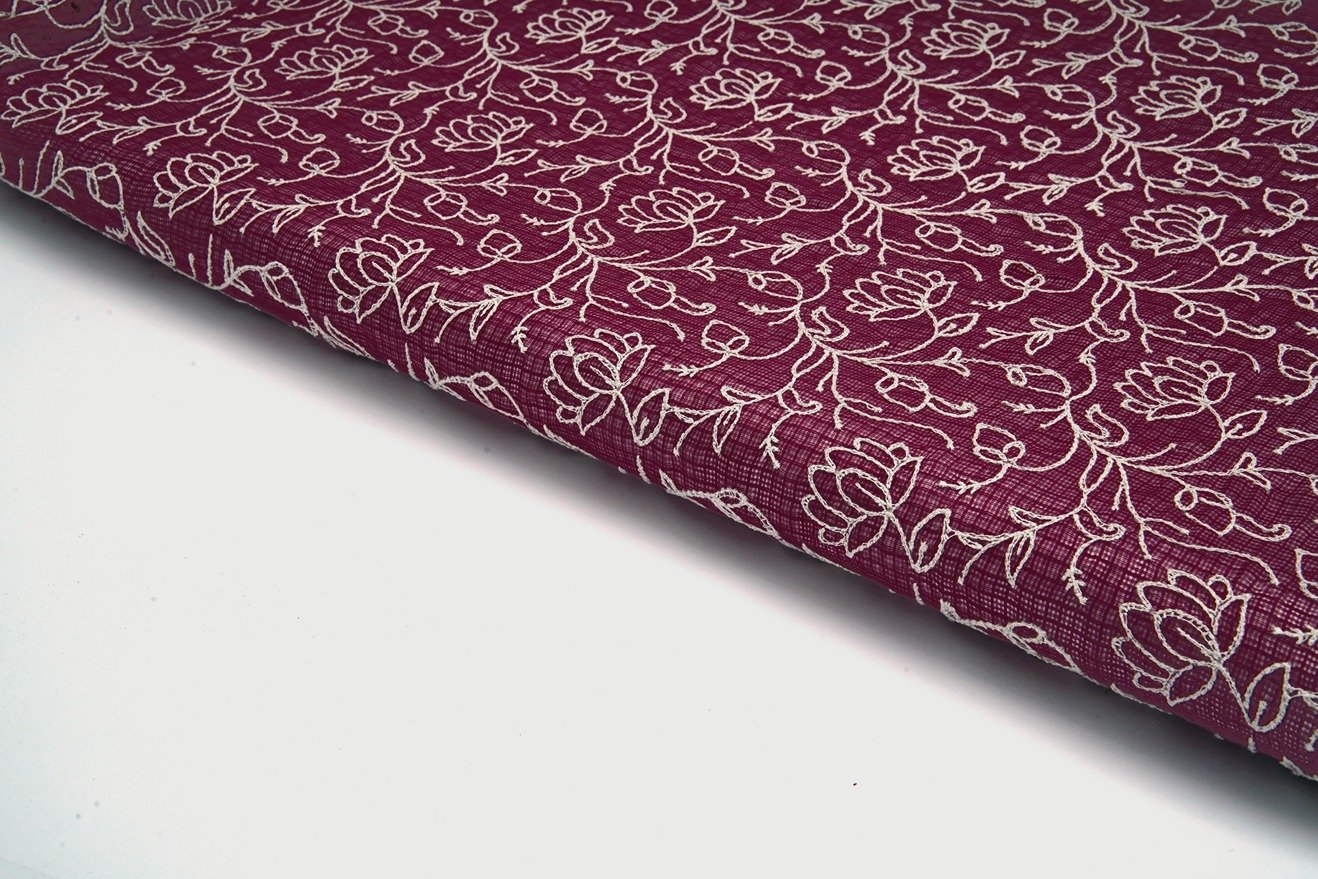 PLUM MAROON COLOR COTTON BLEND KOTA CHEX WEAVE WITH EMBOSS THREAD LAKHNAVI EMBROIDERY WORK FABRIC 9571