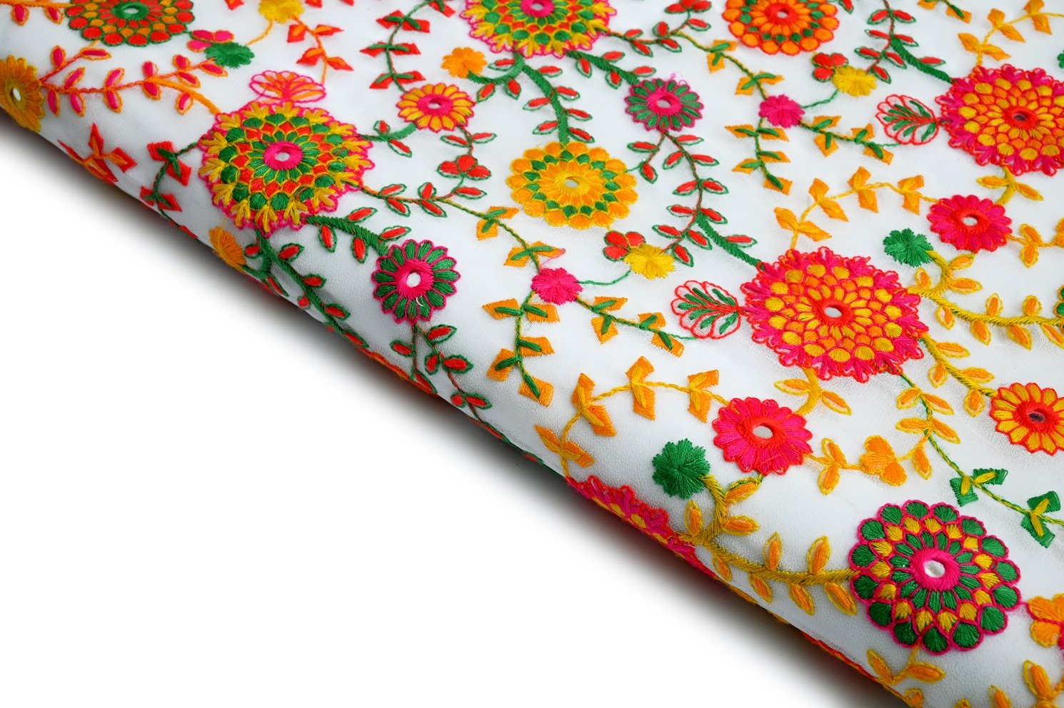 MILKY WHITE COLOR WISCOSS GEORGET THREAD & MIRROR ALLOVER HIGHSTITCH ZAAL PATTERN EMBROIDERED WORK FABRIC 10409