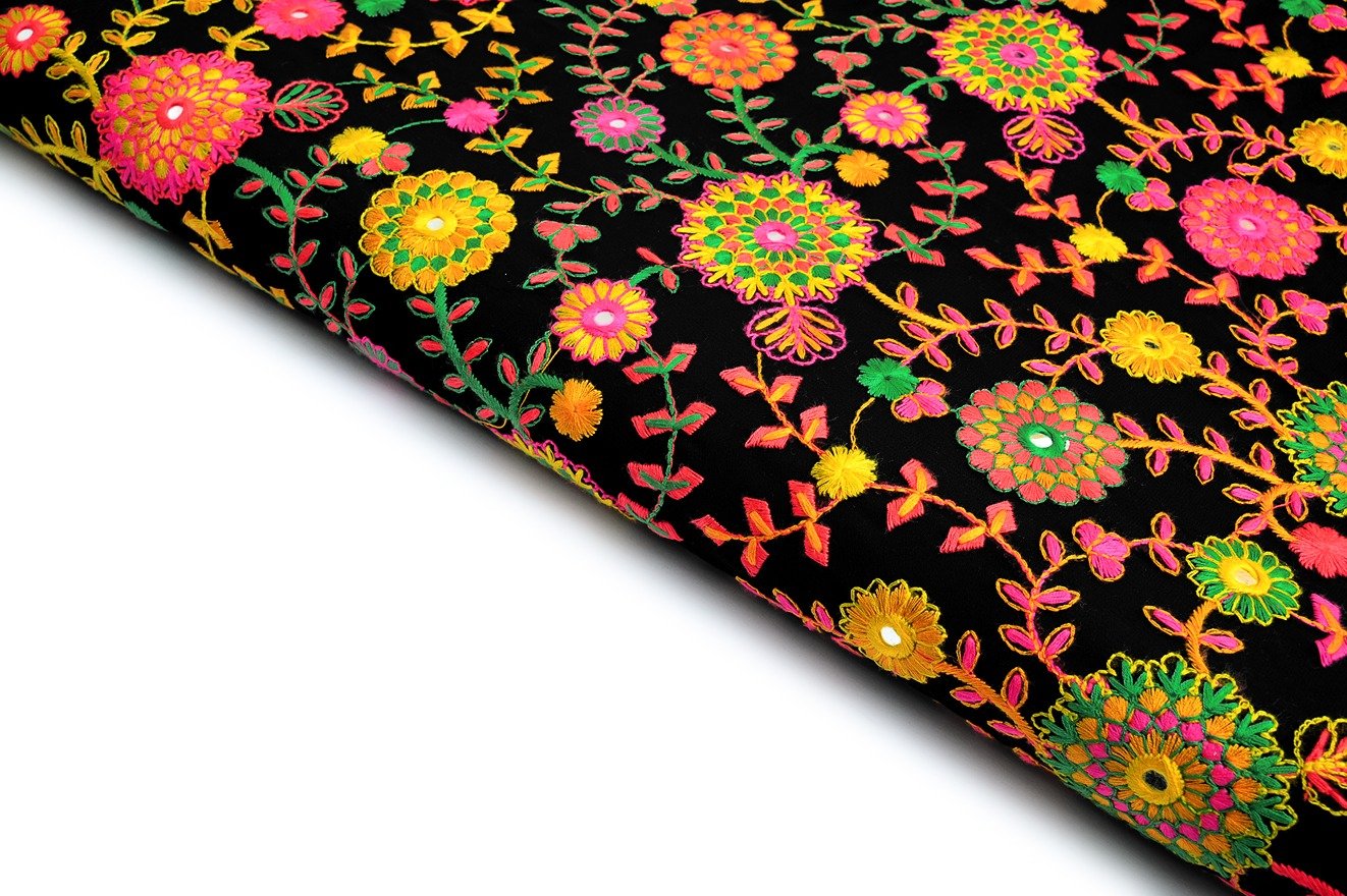 Z BLACK COLOR WISCOSS GEORGET THREAD & MIRROR ALLOVER HIGHSTITCH ZAAL PATTERN EMBROIDERED WORK FABRIC 10410