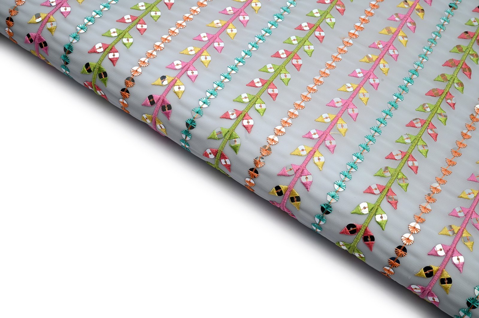 LIGHT SKY BLUE COLOR WISCOSS GEORGET THREAD & SEQUANCE BORDER PATTERN EMBROIDERED WORK FABRIC 10437