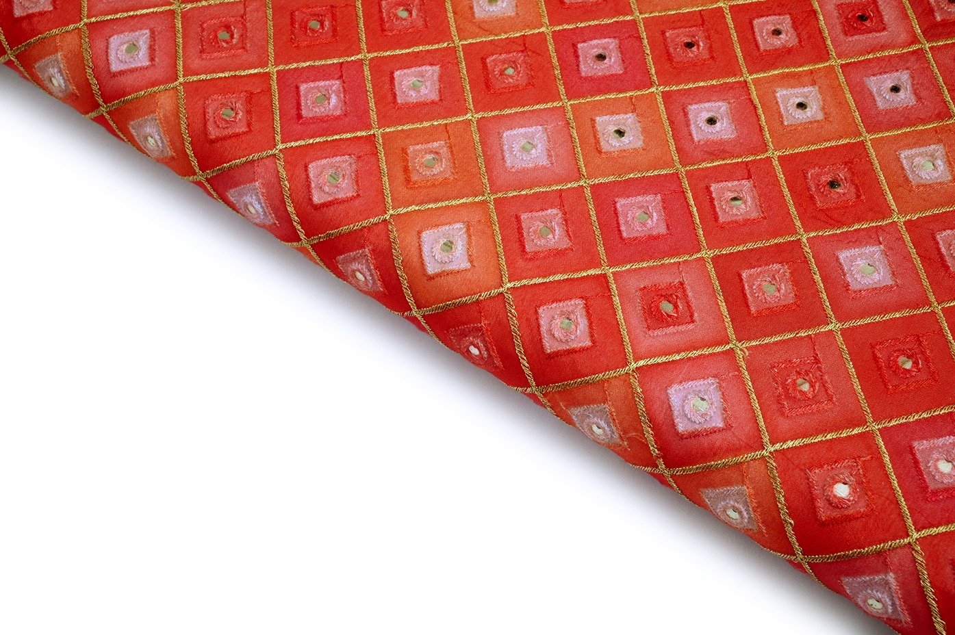 BRIGHT RED & PINK COLOR WISCOSS CHINON MIRROR & THREAD BOX CHAIN PATTERN EMBROIDERED WORK FABRIC 10445