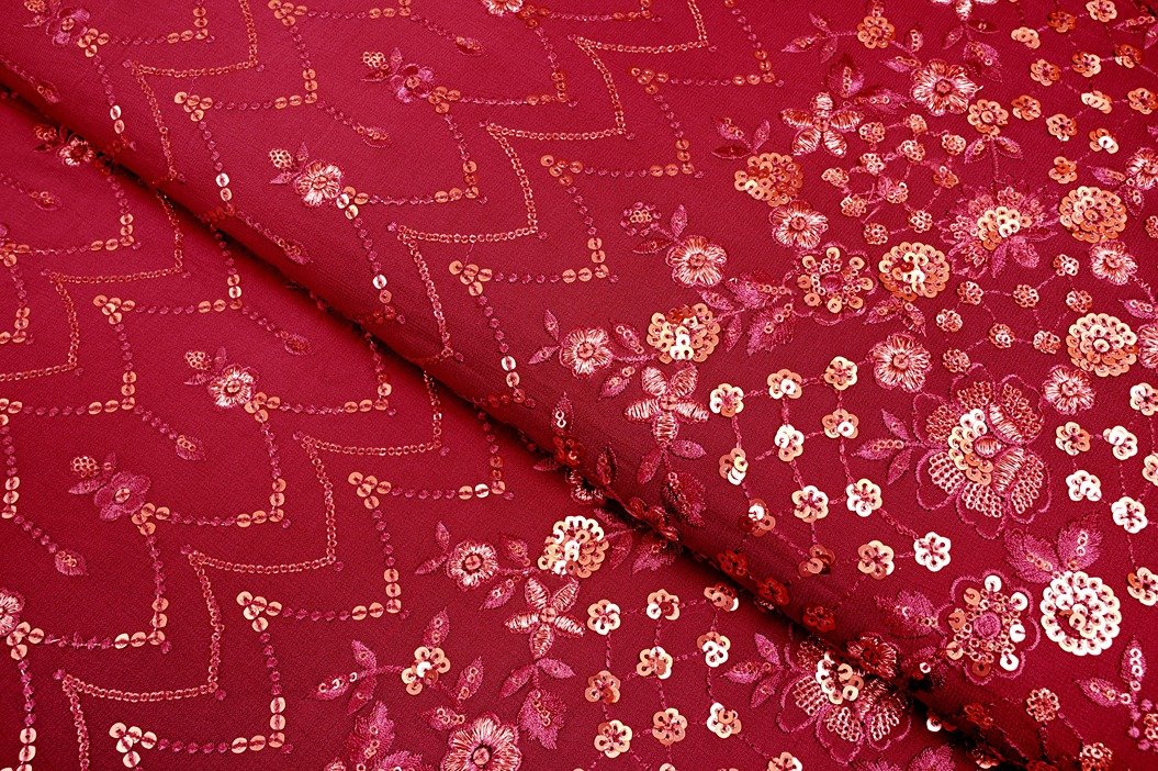 LIPSTICK RED COLOR METALIC COPPER&SILVER WEAVE BOX PATTERN PORY SILK BROCADE FABRIC 10582