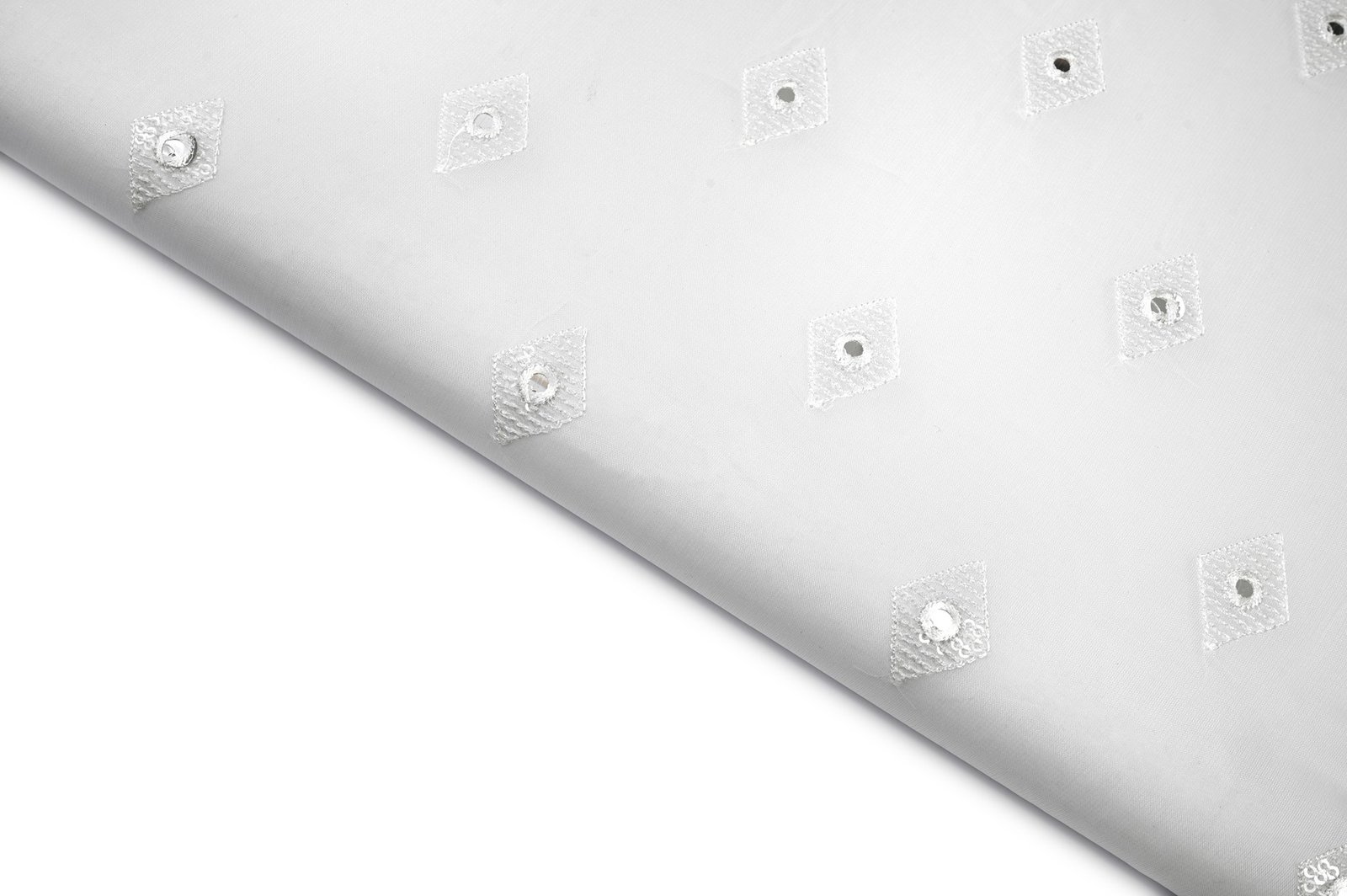 DYEBLE WHITE COLOR WISCOSS ORGANZA WATERSEQUANCE & MIRROR MOTIVE PATTERN EMBROIDERED WORK FABRIC 10478