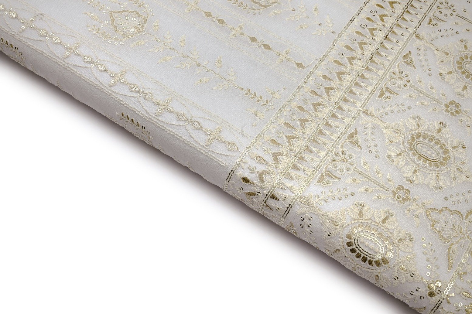 DYEBLE WHITE COLOR WISCOSS GEORGET THREAD& FOIL  WAVES WITH HEAVY PANEL PATTERN EMBROIDERED WORK FABRIC 10481