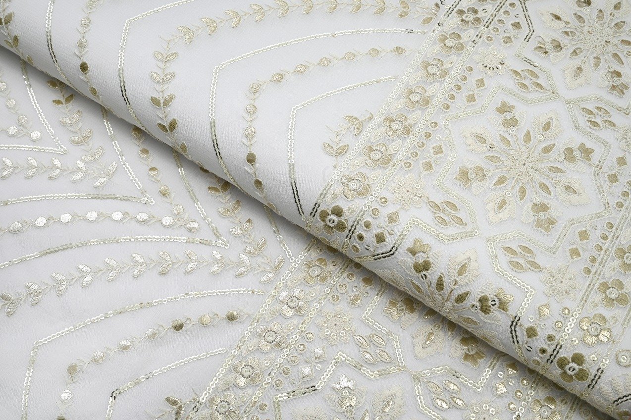 COCONUT WHITE COLOR  IMPORTED COTTON SHATIN DIGITAL HANDWORK LOOK PRINTED FABRIC 11556