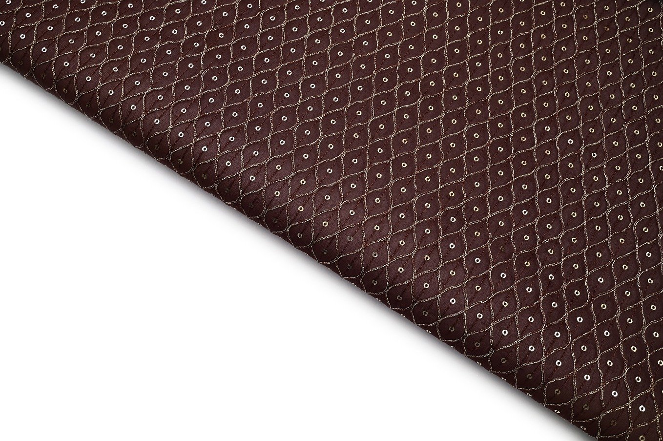 COKE BROWN COLOR METALIC DORI WEAVE CHAIN & SEQUANCE PATTERN EMBROIDERED WORK FABRIC 10534