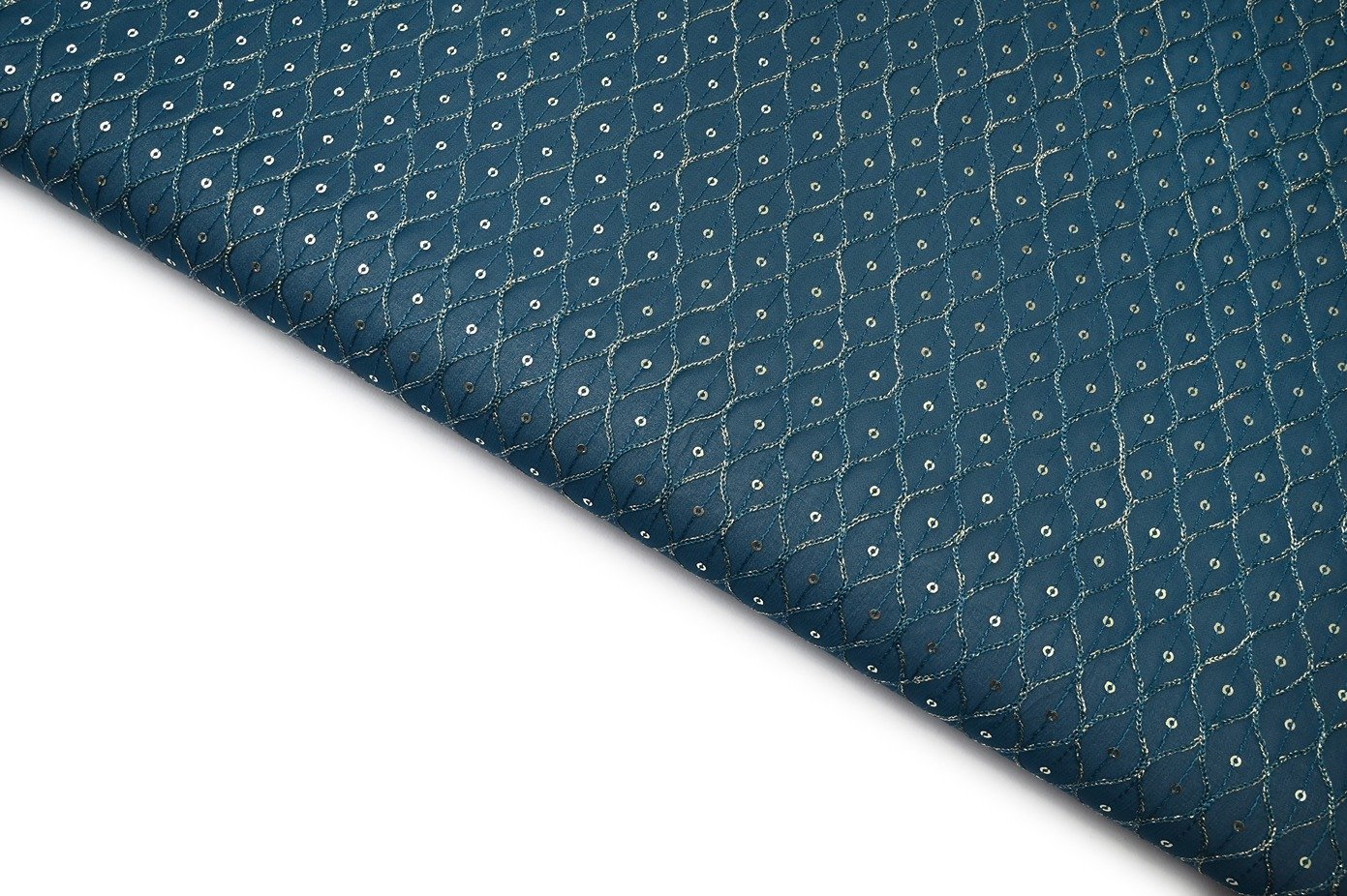 PEACOCK BLUE COLOR METALIC DORI WEAVE CHAIN & SEQUANCE PATTERN EMBROIDERED WORK FABRIC 10536