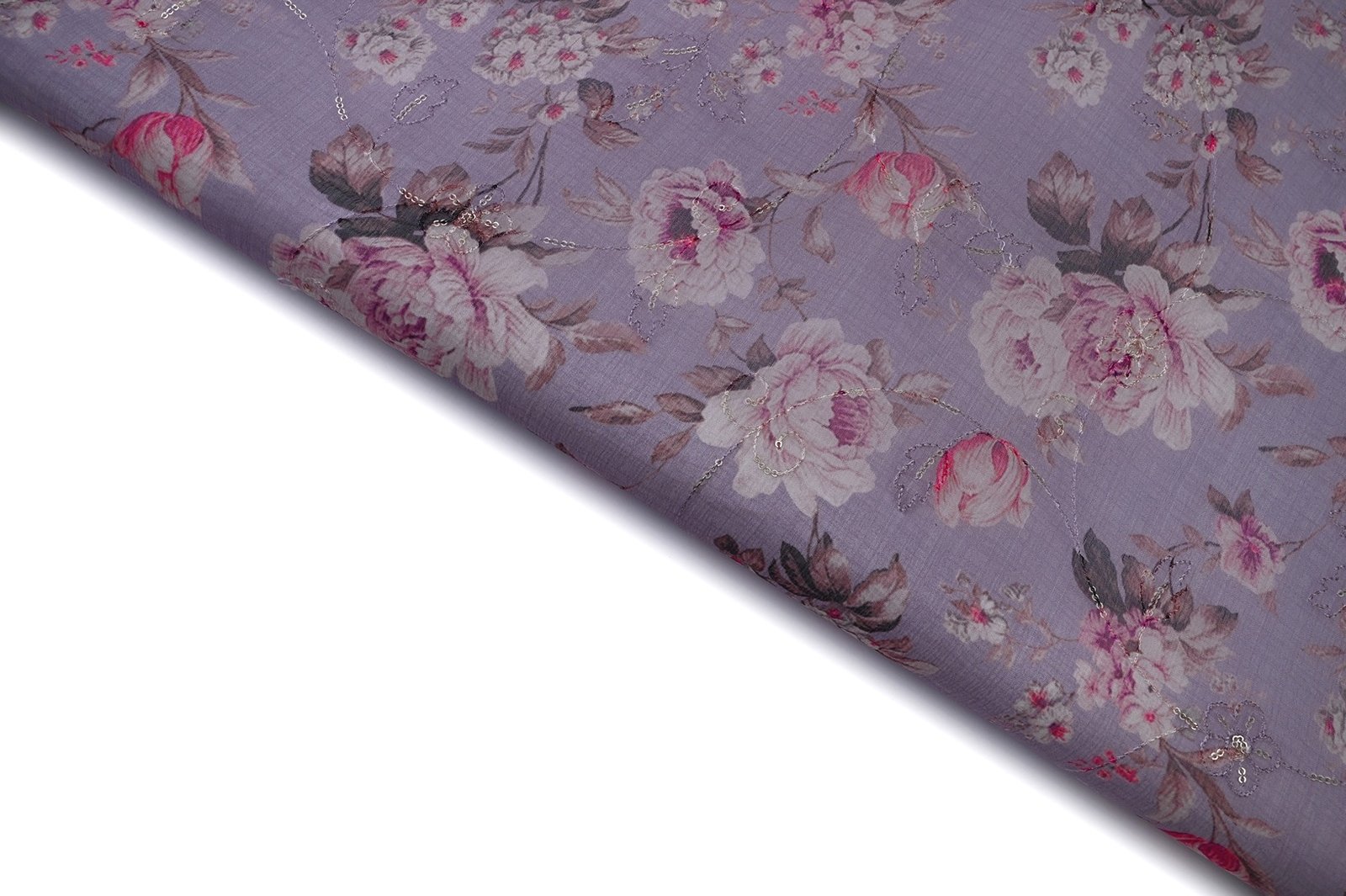 VIOLET POND PURPLE COLOR WISCOSS SHIFFONE DIGITAL PRINT WITH THREAD&SEQUANCE ALLOVER PATTERN EMBROIDERED WORK FABRIC 10537