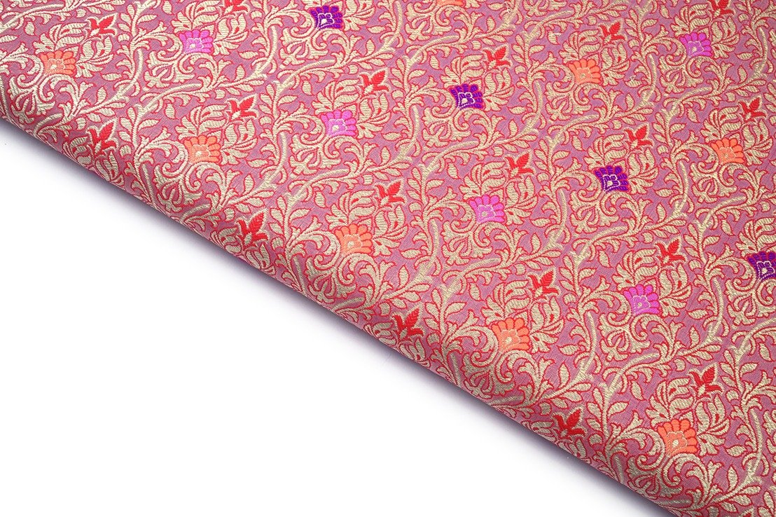 LOTUS PINK COLOR ANTIQ GOLD ZARI WITH RESHAM WEAVE PATTERN PORY HANDLOOM SILK BROCADE  FABRIC 10567