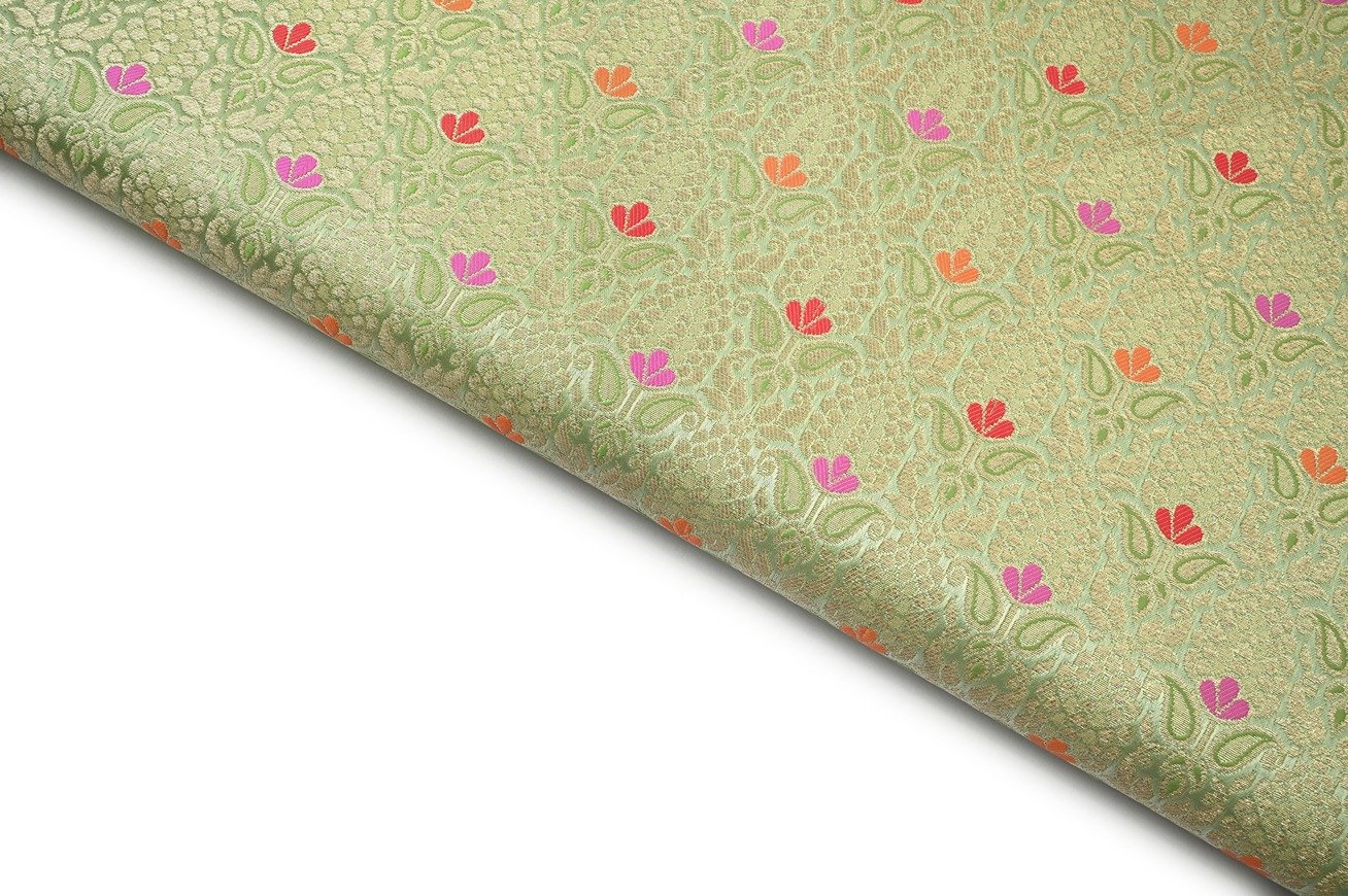 PLEASANT PISTACHIO GREEN COLOR METALIC ZARI & RESHAM WEAVE PATTERN PORY SILK HANDLOOM BROCADE FABRIC 10569