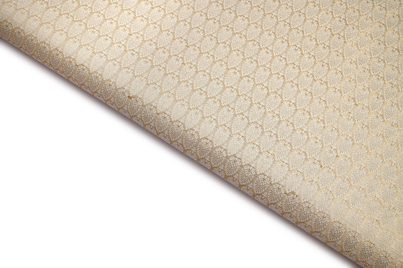 TUSSER BEIGE COLOR RESHAM&ZARI WEAVE CHAIN PATTERN PORY SILK BROCADE FABRIC 10579