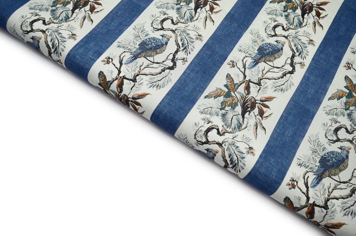 CLOVER BLUE COLOR DIGITAL PEACOCK FIGURE IN BROAD STRIPES PATTERN MUSLIN SILK PRINT FABRIC 10615