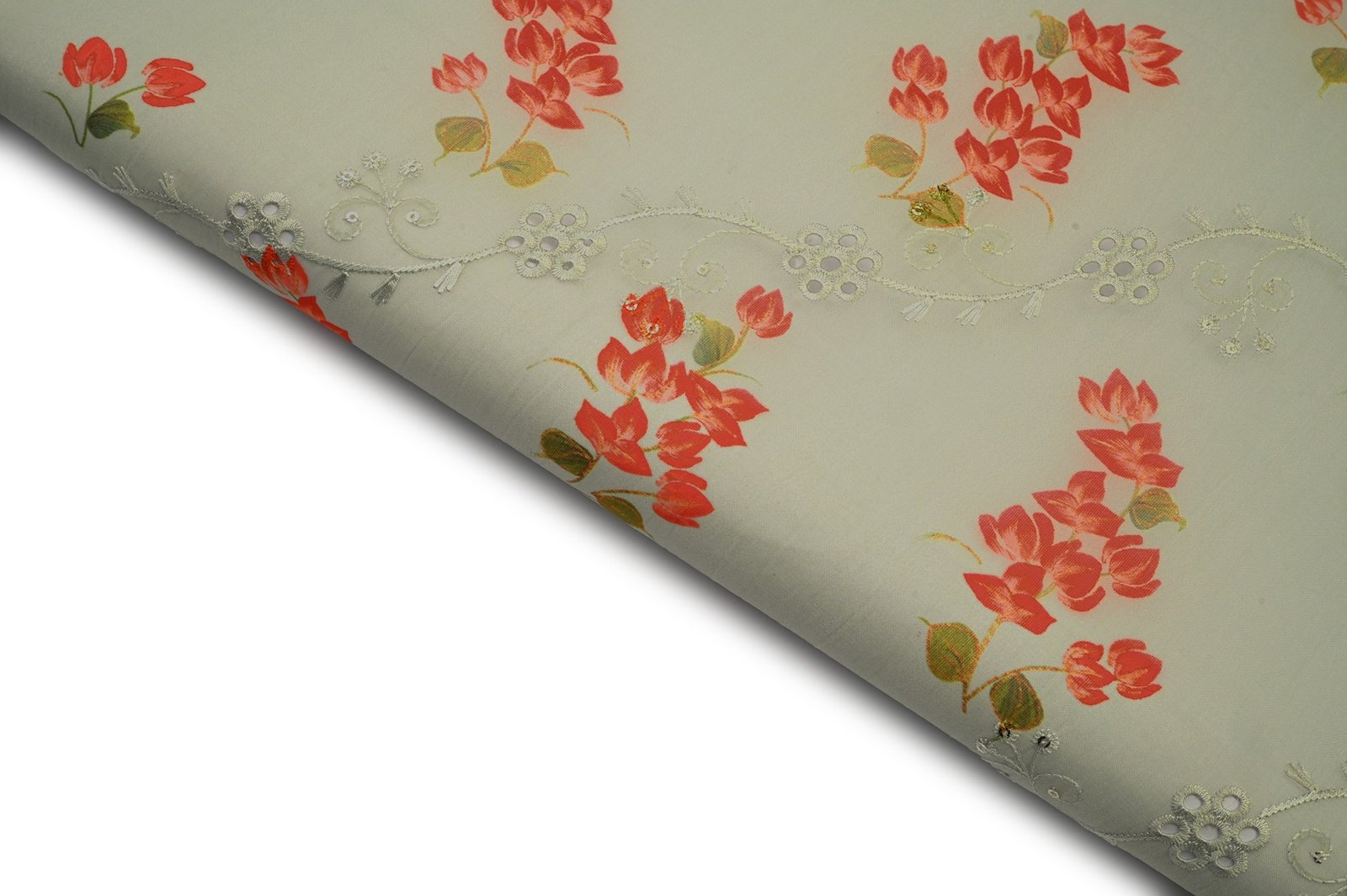 PISTACHIO GREEN COLOR WISCOSS ORGANZA DIGITAL FLORAL MOTIVE WITH CUTWORK & METALIC SEQUANCE PATTERN EMBROIDERED FABRIC 10628