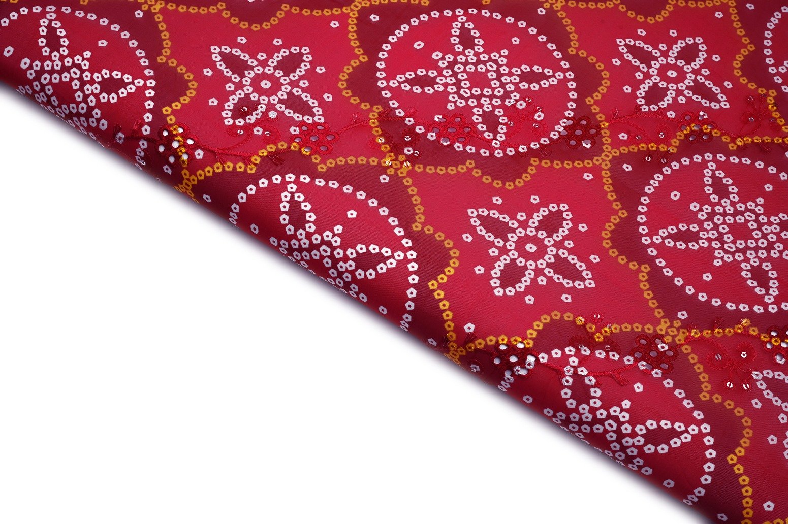 BLUSH RED COLOR ORGANZA BANDHNI CHAIN WITH CUTWORK SELF SEQUANCE EMBROIDERED FABRIC 10630